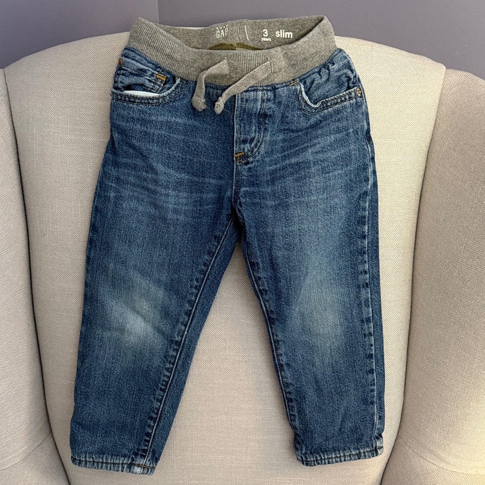 Kids Fleece Lined Blue Denim Jeans with Gray Waistband